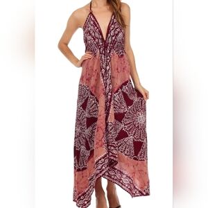 Elegant Burgundy and Pink Scarf Halter One-Size Adjustable Maxi Dress